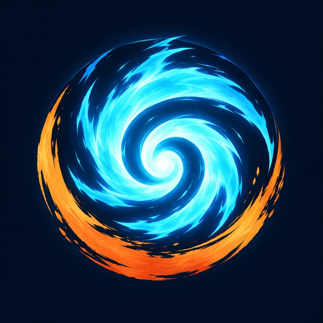 Original cyan energy spiral emblem with an orange brushstroke